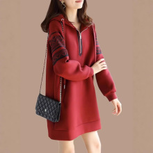 品牌专柜撤柜外贸女装出口法国余单折扣连帽红色卫衣连衣裙秋冬季