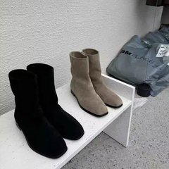 羊皮版~2025新款韩版高级感绒面短靴西部靴女平底软底休闲单靴子
