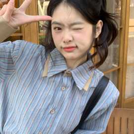 蓝色拼色双层领条纹长袖衬衫女2026春设计感小众上衣法式衬衣外套