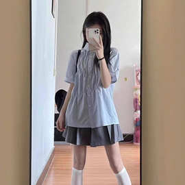 韩系甜美夏季蓝色褶皱衬衫学院短袖新款设计宽松衬衣休闲上衣