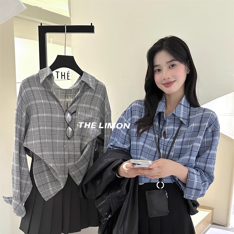 THE LIMON柠檬绿茶2025秋季复古气质百搭宽松格纹百搭衬衫上衣女|undefined
