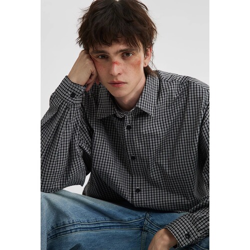 Classic lapel casual plaid shirt for men and women in spring and autumn new all-matching loose shirt coat black