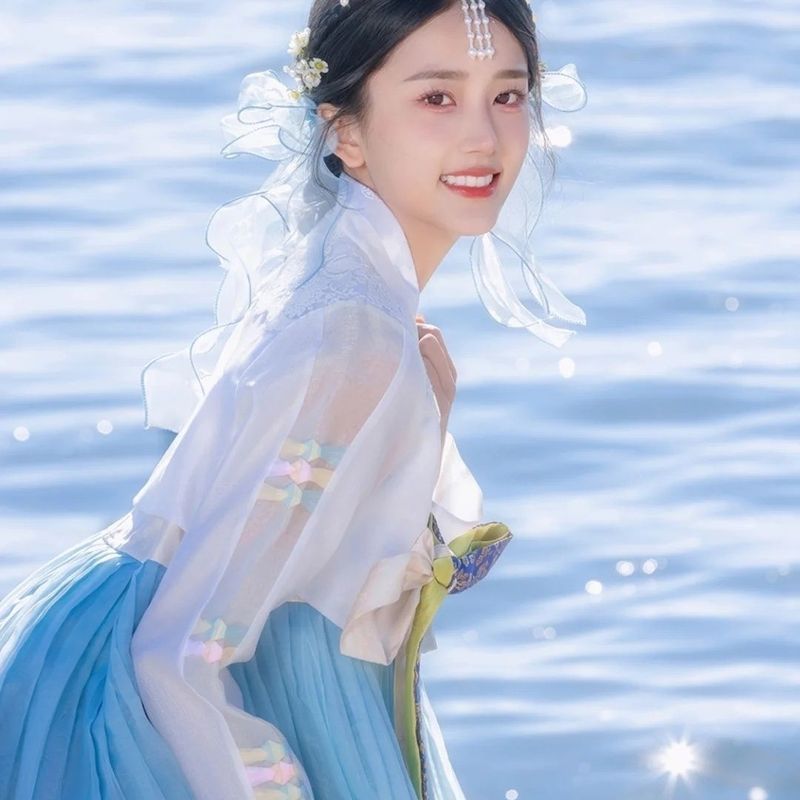 超人気延吉旅行写真雲南麗江旅行写真韓服ブルーガーゼスカート女性韓服宮殿ドレス韓服スーパーフェアリー|undefined