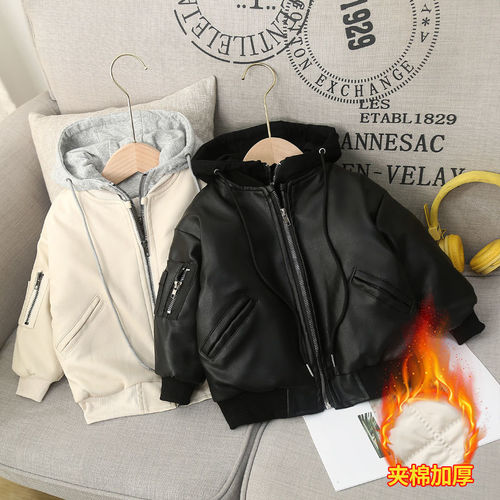 Children's winter padded leather jacket 2025, unisex faux two-piece leather jacket for toddlers, fashionable outerwear for babies