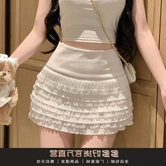 韓国の白い甘いホットガールレースヒップカバーショートスカート女性の夏の新しいハイウエストプリーツ多用途ケーキハーフスカート