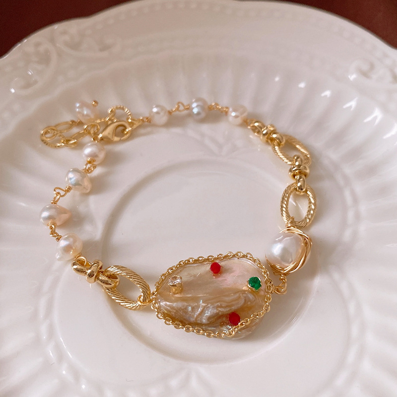 Antique electroplated zircon baroque freshwater pearl bracelet