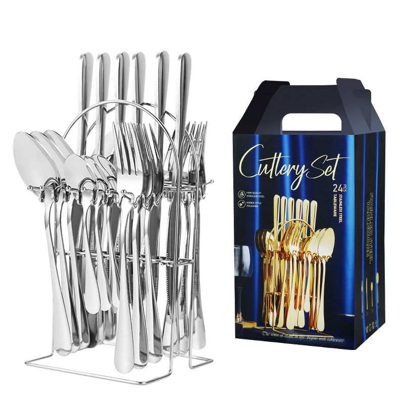 Amazon Stainless Steel Tableware 24-piece Set 1010 Western Food Four-piece Cross-border Tableware Rack Gift Box Set Products