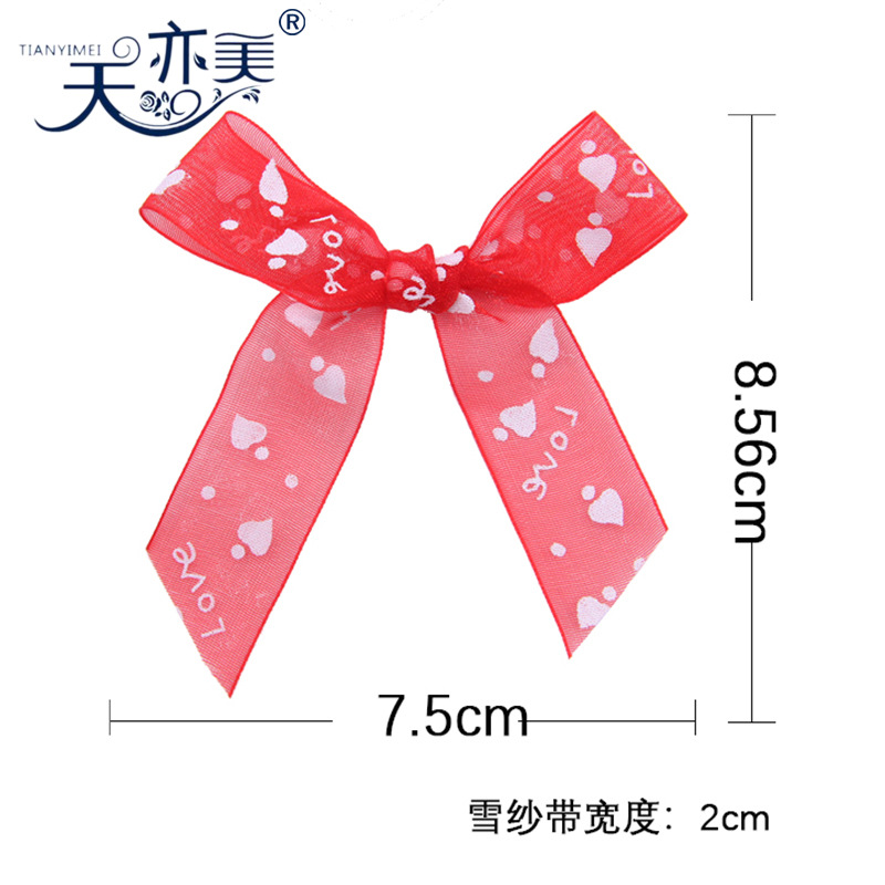 Tianyimei lote procesamiento rojo cinta arco 2,5 cm hilado con arco de regalo de corazón de melocotón impreso