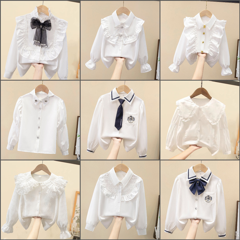 Children's Shirt White Long-Sleeved Spring & Fall Class Uniform Performance Clothing Lace Girls Student Uniform 2025 New Style Girls Spring & Fall Children's Shirt White Long-Sleeved Spring & Fall Class Uniform Performance Clothing Lace Girls Student Uniform 2025 New Style Girls Spring & Fall