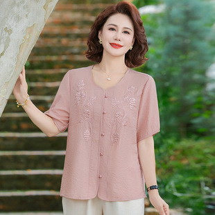 Casual Shirts for Women, Summer Clothes, New Styles for Middle-Aged and Elderly Women, Stylish Shirts for Mothers, Tencel Linen Short-Sleeved Tops