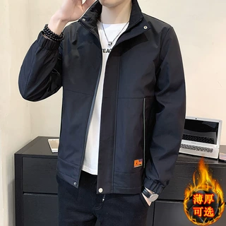 加绒休闲夹克男士秋冬季青年立领韩版修身外套免烫上衣男装外衣潮