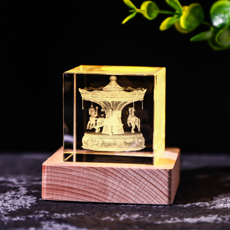 Cubo de cristal decoración interruptor de luz cálida base de madera talla interior Luna Sistema Solar Galaxy decoración de escritorio regalo de niña