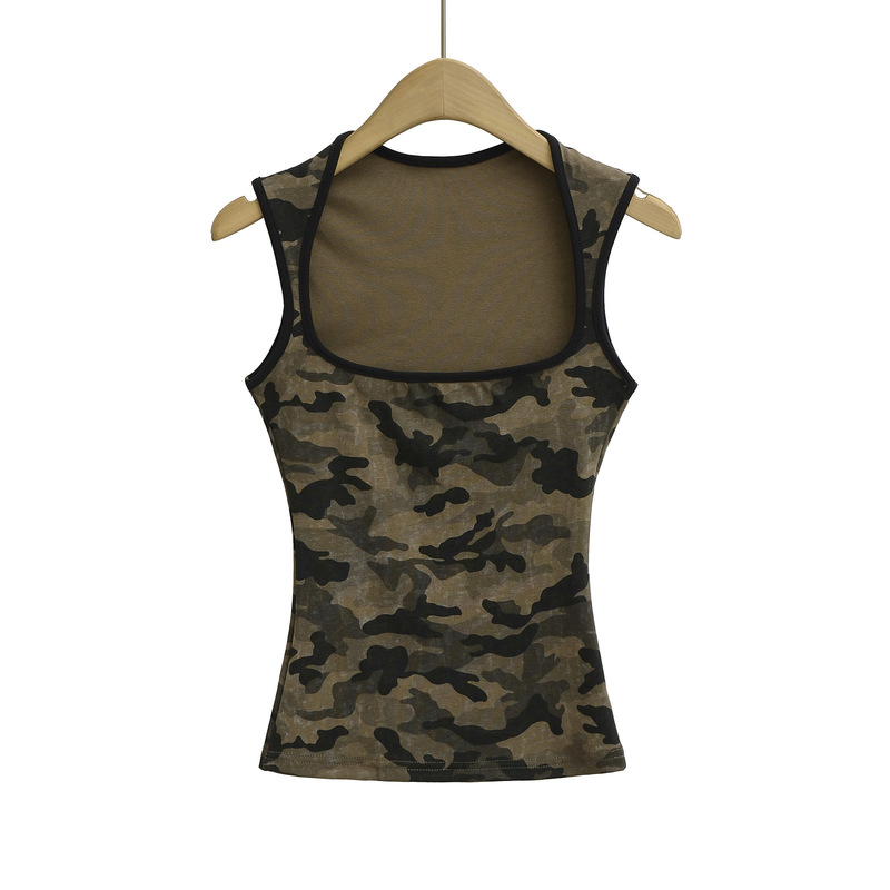 Camouflage Color Matching Square Collar Wide Shoulder Vest for Women 2025 Summer New Retro Sexy Outer Wear Sexy Tight Top Camouflage Color Matching Square Collar Wide Shoulder Vest for Women 2025 Summer New Retro Sexy Outer Wear Sexy Tight Top