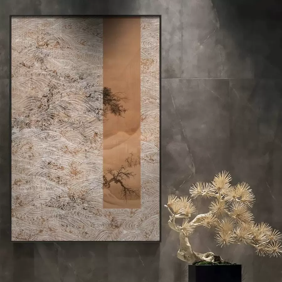 新中式风景浮雕肌理挂画客厅茶室玄关走廊壁画山水松树高档装饰画