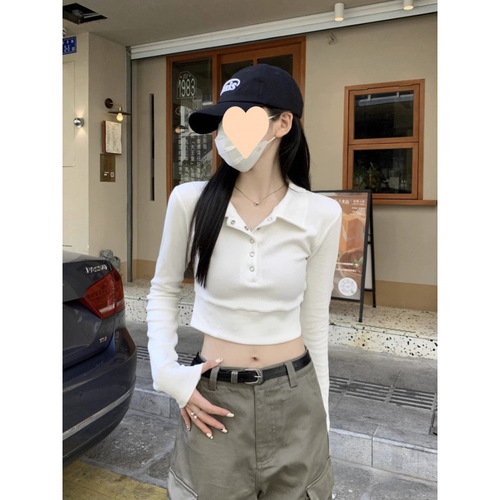 Ladies' Pure Desire Style Collared Long-Sleeve Top, Spring and Autumn New Release, Slim Fit, Body Shaping, Design-Focused, Midriff-Baring Base Layer Shirt