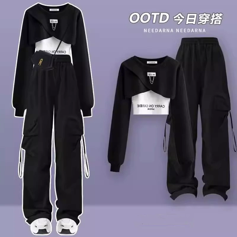 Весенне-осенний стильный костюм для женщин, свободный дизайн в корейском стиле, толстовка + подтяжки + рабочая одежда, широкие брюки, модный комплект из трех предметов.