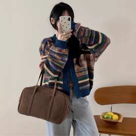 彩色圆领毛衣外套女2026春季新款软糯宽松慵懒风撞色针织开衫上衣