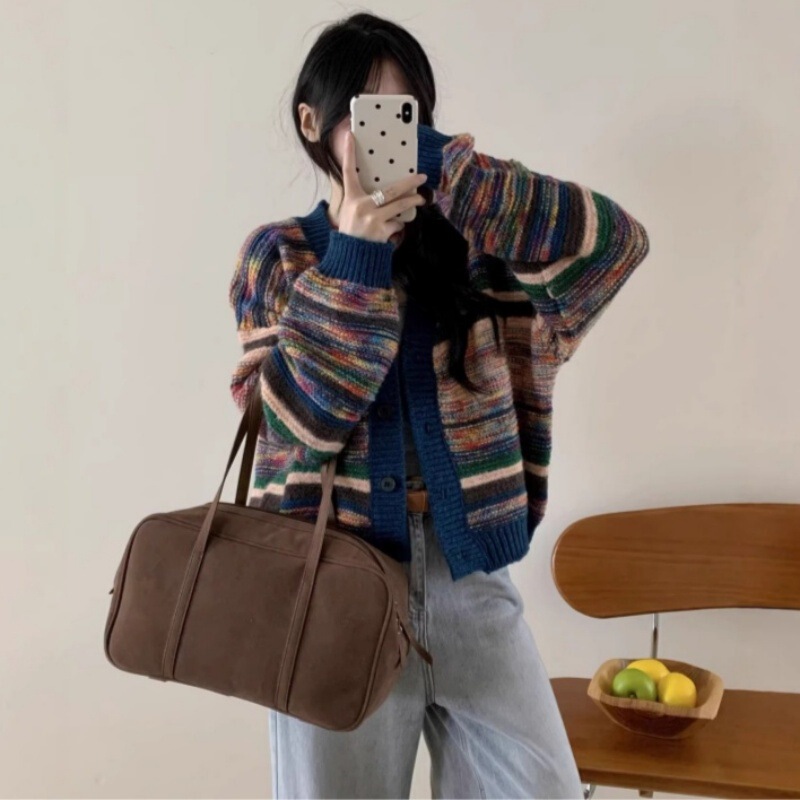Colorful Round-Neck Sweater Jacket for Women 2026 Spring New Style Soft and Loose Lazy Style Contrasting Color Knitted Cardigan Top Colorful Round-Neck Sweater Jacket for Women 2026 Spring New Style Soft and Loose Lazy Style Contrasting Color Knitted Cardigan Top