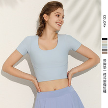 大码带胸垫一体式瑜伽服女美背拼接短袖运动T恤短款健身上衣显瘦