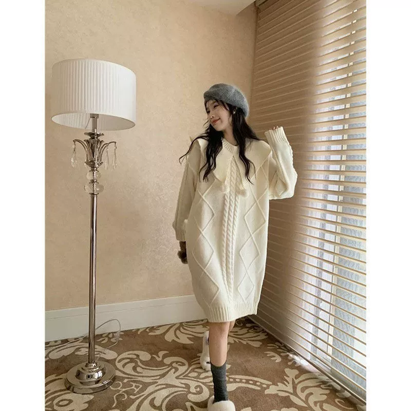 Милый мягкий восковой свитер с воротником для кукол в Корейском стиле, вязаный свитер, платье средней длины, Женский Свободный Повседневный Топ в ленивом стиле
