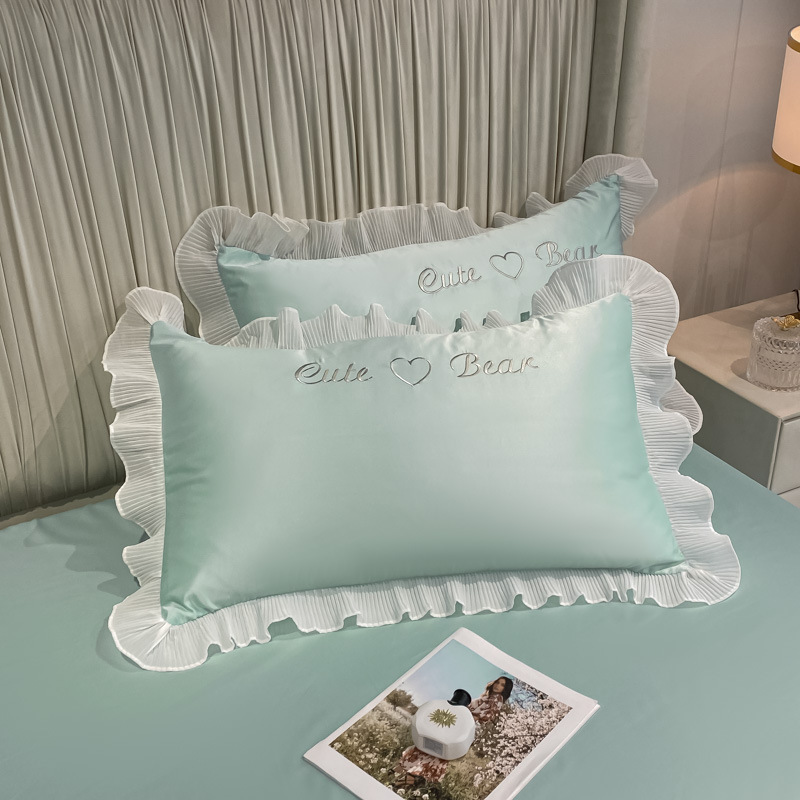 Funda de almohada de seda de hielo de verano estilo princesa, un par de fundas de almohada de encaje lavables, estilo fresco de verano 48cm x 74cm