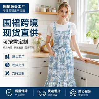 国风水墨画氛围感围裙家用防污耐脏罩衣复古印花荷叶边工作围腰女