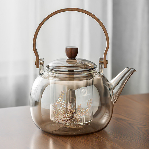 Steam and Boil Dual-Purpose Borosilicate Glass Tea Pot, Gold and Silver Tea Color Steeping Tea Pot, Household Teapot with Handle, Tea Steaming Brewer