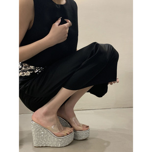 Cross-Border Supply 2025 New Summer Style Sequined Wedge Heels 13cm High Heels Transparent High Heels Holiday Sandals Platform Sandals