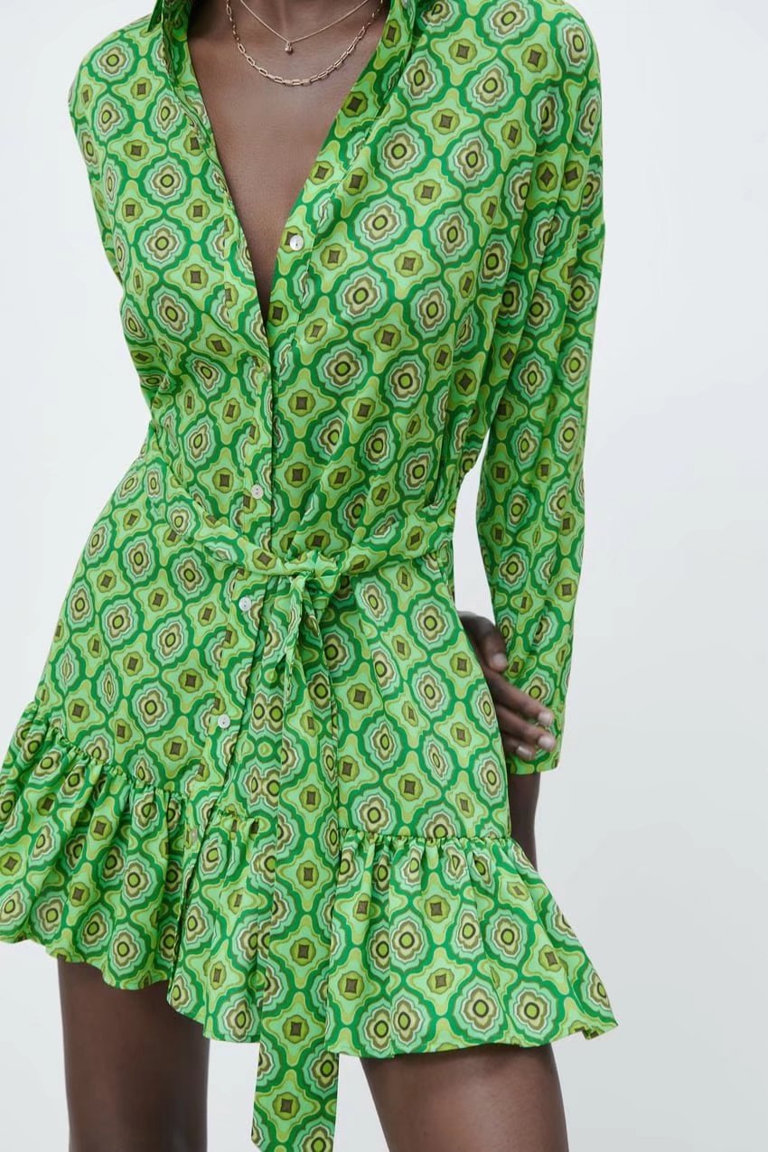 green geometric printed long-sleeved lace-up ruffled hem shirt dress  NSAM123231