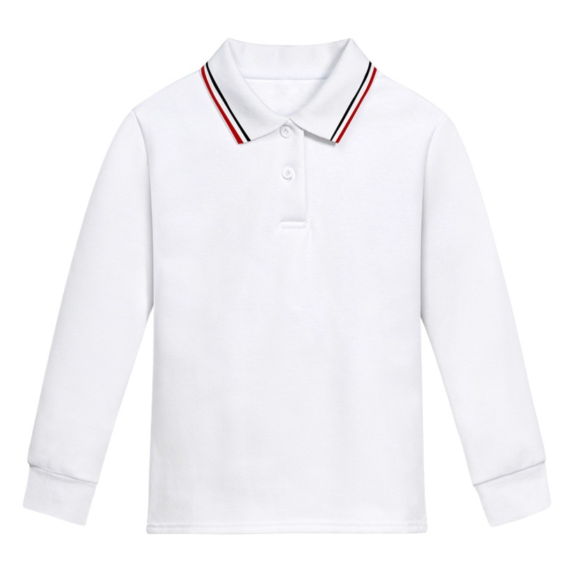 Men's and Women's Polo Shirt Autumn and Winter Fleece-lined Thickened Pure White T-shirt Lapel Student's Pure Cotton School Uniform Striped Long Sleeve