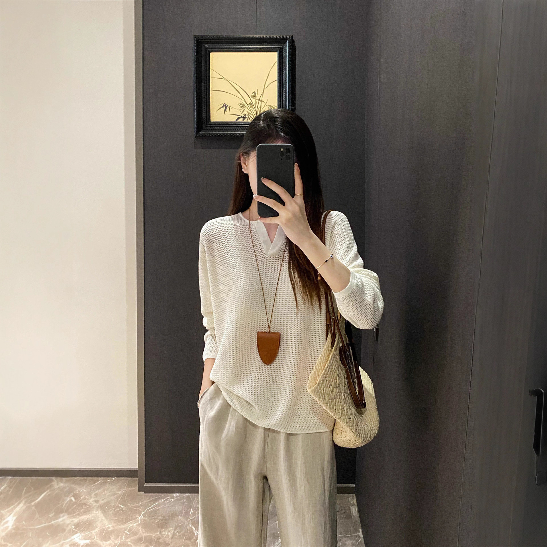 Rain Dew Linen Hollow Knit Sweater Thin Long-Sleeved Sun Protection Blouse Tencel Lyocell High-End Top for Women Summer