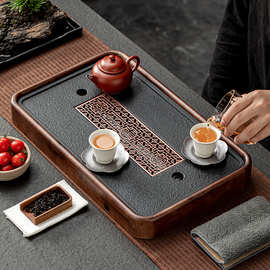 新中式茶盘家用茶具托盘沥水小型干泡台小茶台蓄排水茶海内嵌实木