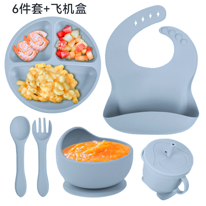 Juego de plato sonriente azul claro-juego de seis piezas-tenedor de silicona pura