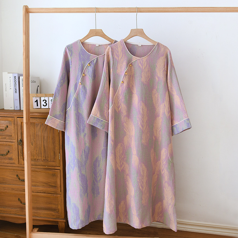 Yarn-dyed jacquard cardigan women's thin spring and summer long-sleeved dress round neck ancient style cheongsam style outerwear mom home dress