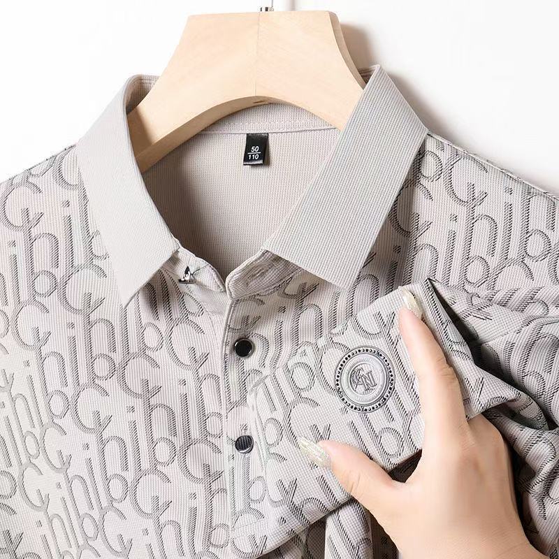 Cross-Border 2025 Popular Short-Sleeved Polo Shirt for Men in Spring and Autum, Middle-Aged Dad Wear, Men's Letter Versatile Lapel Top