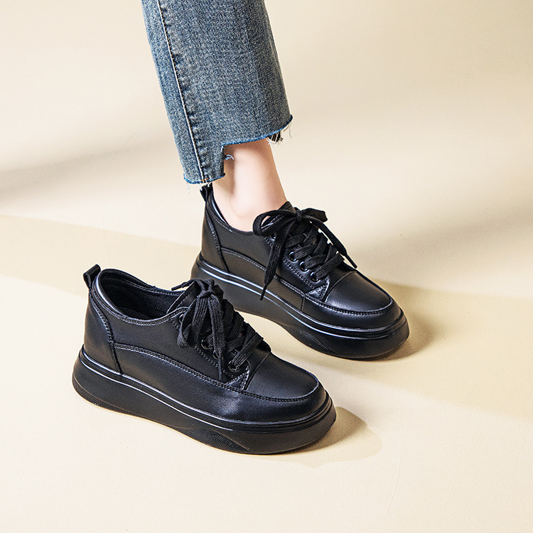 New Genuine Leather Inner Height-increasing Single-layer Shoes Small Size Women's Shoes 313233 All-match Wedge Casual Sneakers Cowhide Black with Thick Sole