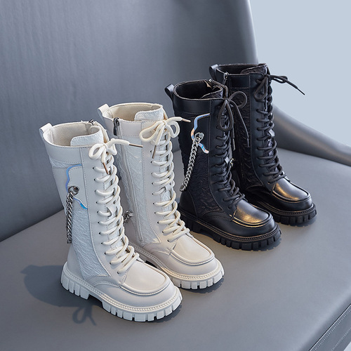 Korean version of autumn and winter children's shoes, waterproof, non-slip, fashionable mid-high boots, children's single boots, parent-child chain princess leather boots