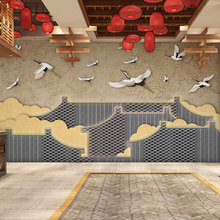 新中式复古线稿飞鹤图壁纸茶室火锅饭店壁画徽派建筑屋檐背景墙纸