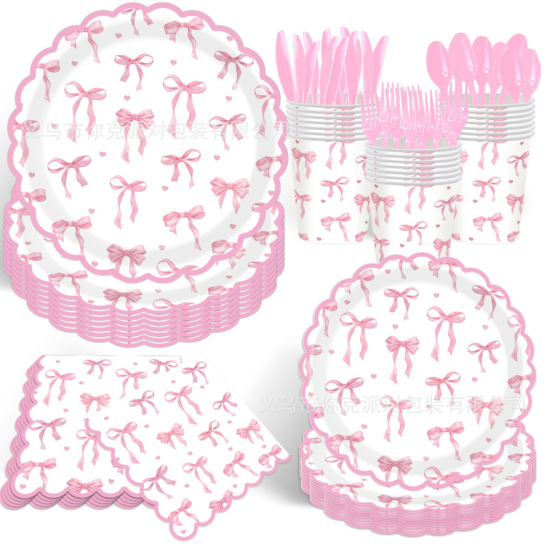 Pink Bow Party Paper Plate Kidsren's Birthday Party Decoration Disposable Paper Cup Tissue Tablecloth Lace Dinner Plate Pink Bow Party Paper Plate Kidsren's Birthday Party Decoration Disposable Paper Cup Tissue Tablecloth Lace Dinner Plate