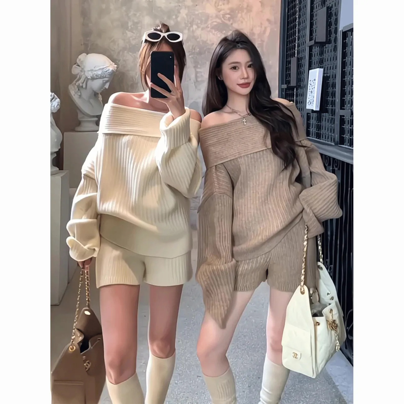 Lazy One-Shoulder Knitted Top with Shorts, Fashionable Two-Piece Set for Women, New Autumn and Winter Style, Loose and Elegant Knitted Outfit