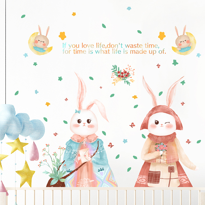 New Cartoon Cute Two Little Rabbits Children's Room Decoration Wall Stickers Wholesale Nihaojewelry display picture 5