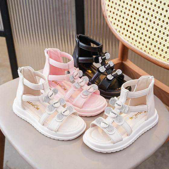 Girls' Sandals Summer 2024 New Style Open Toe Rhinestone Princess Shoes for Middle School and Elementary School Girls Children's Roman Shoes