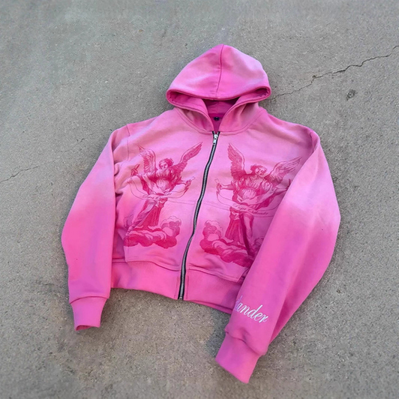 Men's Clothing Design Color Cardigan Hooded Sports Sweatshirt Jacket Top Gradient Jacket American Hip Hop Rock Pink_viptrois.com