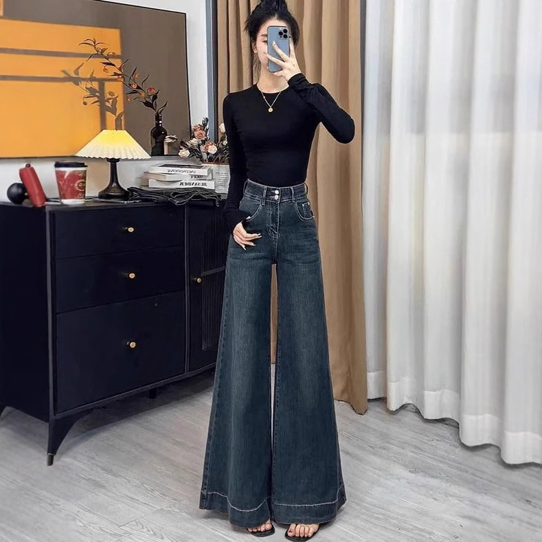 Dark Blue Wide-Leg Flared Jeans 2025 New Style Small Drapedy Straight Leg Non-Leg Flared Pants