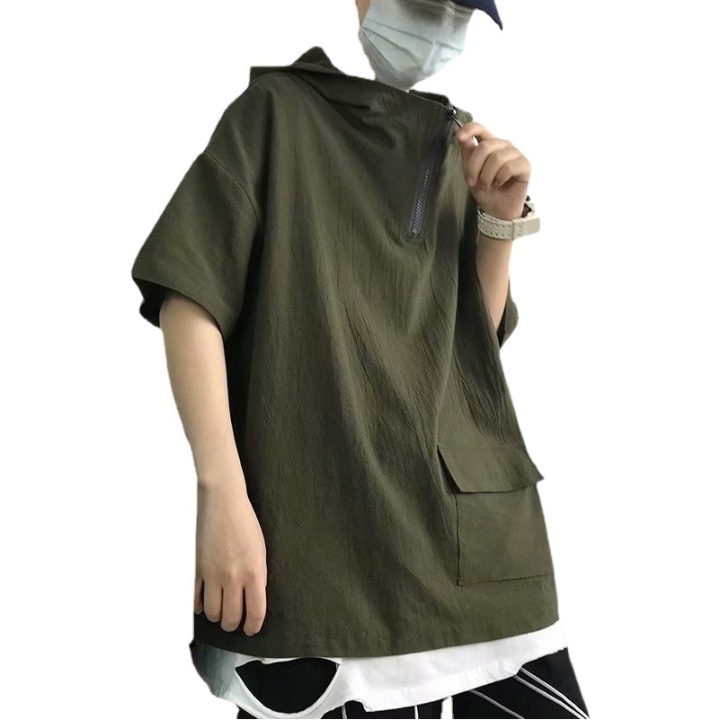 Camiseta de manga corta de verano marca de moda de los hombres de moda suelta media manga con capucha superior estilo de Hong Kong estudiante casual suéter de cuello alto