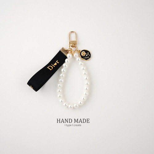ins pearl string keychain ribbon bow pendant bag pendant handmade French car key chain