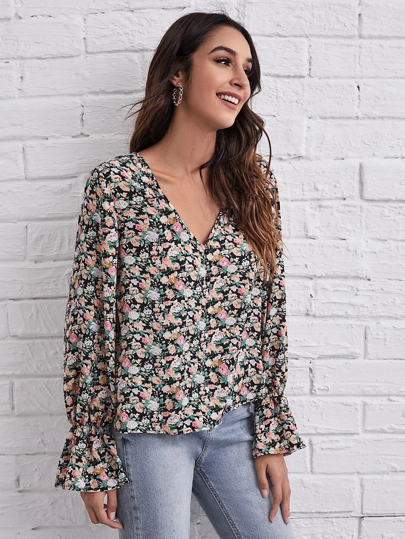 spring long-sleeved V-neck commuter OL chiffon floral top  NSNCK118821