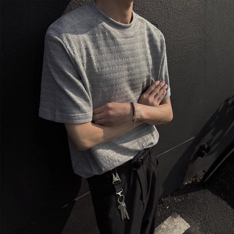 Solid Color Short Breathable Texture Blended High-grade Basic Jacquard T-shirt Men's Summer Slim-fit All-match Round Neck Half-sleeve