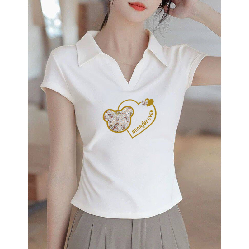 Polo Lapel White Right Shoulder Threaded Cotton Short-Sleeved T-Shirt Women's Summer French Style V Neck Short Pleated Top