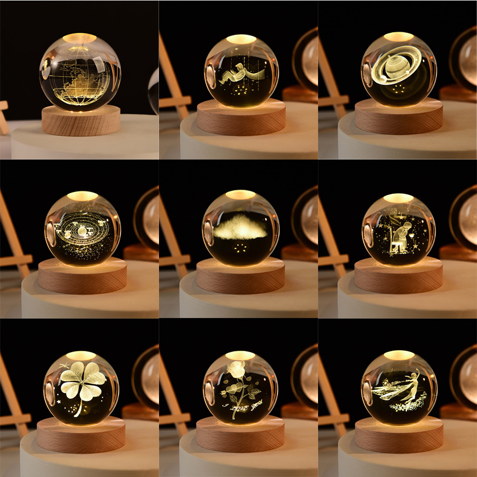 Esfera de cristal esculpida interior lámpara de noche de cristal blanco decoración de escritorio regalos de estudiantes regalos de alta sensación pequeña lámpara de noche